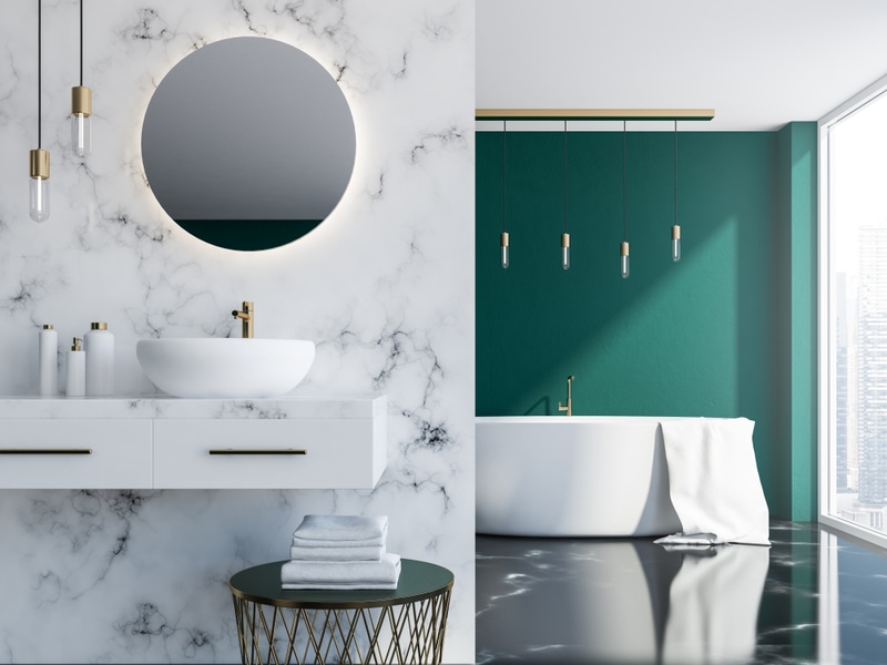 marmurowa łazienka z zieloną ścianą